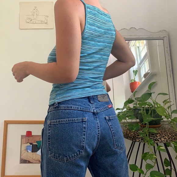 SOLD Vintage 90s Blue Stripe Shimmer High Neck Tank Top Size M - Picture 4 of 7